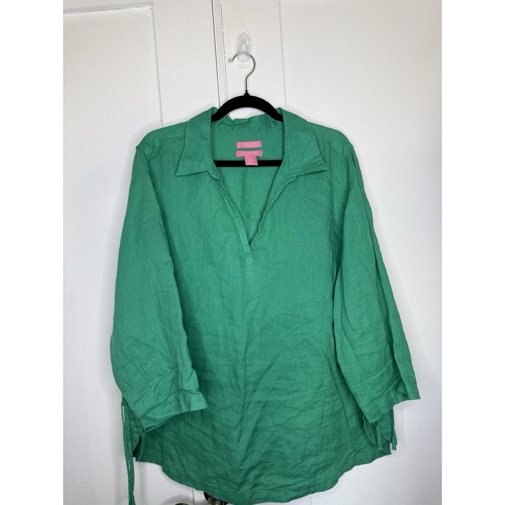Isaac Mizrahi Womens 1X Green Linen Tunic Top Oversized 3/4 Sleeve Eurosummer